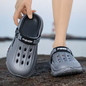 Grey breathable men's hollow out clogs shoes for summer beach and outdoor activities