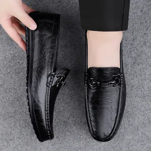 Men's black business casual leather loafers with breathable soft sole slip-on design