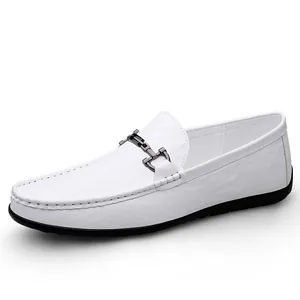 Elegant men's white business casual loafers with metal bit and soft breathable rubber sole