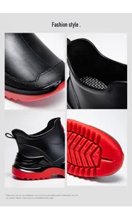 Detailed macro views of stylish black and red low-top waterproof fashion rain boots.