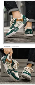 Gedetailleerd overzicht van trendy herensneakers met kraanvogelpatroon en touwveters.