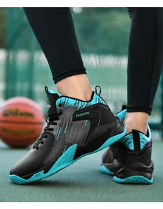 Youth outdoor mid-top basketball shoes with cyan and black durable leather surface