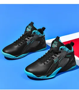 High-top basketball shoes for teens in black and cyan with durable leather upper.