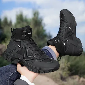 Black mid-top men's tactical hiking boots with rugged anti-slip rubber sole for outdoors.