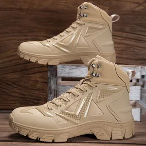 Sand-colored mid-top tactical hiking boots for men with durable non-slip soles for outdoor
