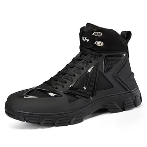 Durable men's mid-top black tactical boots for outdoor hiking featuring a non-slip rubber sole