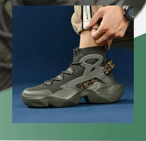 Detailed side view of olive green high-top knitted breathable men's sports sneakers.