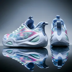 Breathable mesh mid-top basketball shoes in light blue and pink contrast colorway