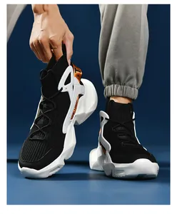 Stylish men's high-top breathable sneakers featuring a chunky white sole and black knit