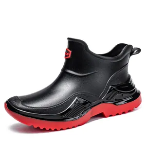 Fashionable waterproof short rain boots with red thick sole for men and women