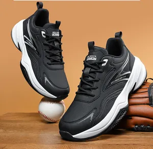 Black casual sneakers with thick white soles, leather surface, shown with sports props.