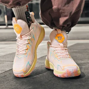 Contrast color mid-top basketball shoes with thick soles for men in pink and yellow.