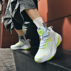 Stylish colorblock mid-top basketball shoes with thick durable soles and athletic design for men