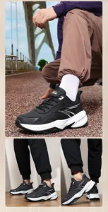 Detail view of men's chunky black sneakers with thick white soles in multiple angles