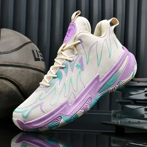 Men's mid-top thick sole basketball shoes with purple and green contrast flame patterns