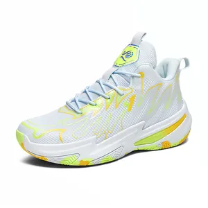 Professional white mid-top basketball shoes with neon flame pattern and durable thick soles