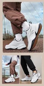 Close-up detail shots showing white leather sneakers with thick chunky soles for men