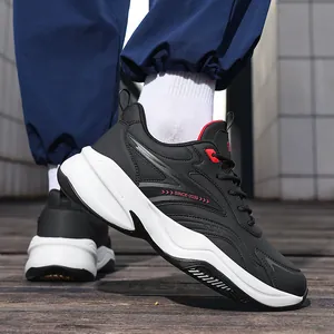 Stylish men's black thick-bottom running shoes with lace-up leather upper for casual wear