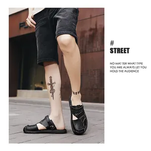 Trendy black outdoor breathable hollow sandals for men in stylish street casual style