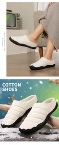 Close-up of white quilted thermal cotton slippers with thick black rubber soles