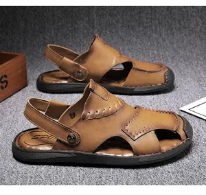 Side view of brown leather men's outdoor breathable sandals with stitch details