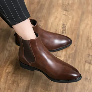 Men Pointed Toe Chelsea Boots Slip On Business Casual PU Leather High Top Dress Shoes British Style Short Boots