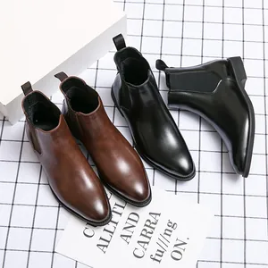 Formal men's pointed toe Chelsea boots in black and brown leather business style