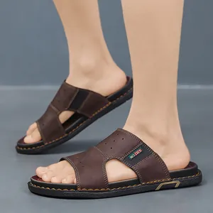 Sandales pour hommes en cuir marron respirant, idéales pour la plage en été et les loisirs