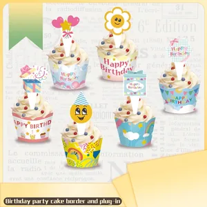 Colorful birthday cake toppers and decorative paper wrappers for festive parties