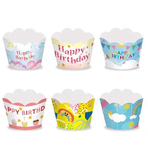 Assorted colorful cupcake wrappers with Happy Birthday patterns for party decoration