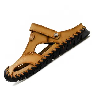 Premium men's breathable leather beach sandals with dual-use heel strap in brown