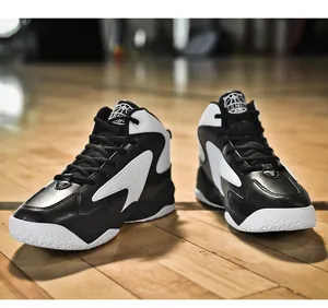 Men's high-top basketball shoes in black and white contrast leather for court sports.