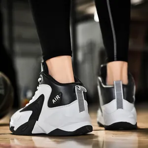 Men's high-top color-blocked basketball shoes with leather finish and thick soles.