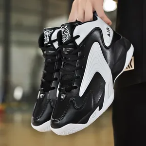 Black and white high-top basketball shoes with thick soles and lace-up design for men.