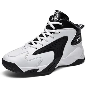 Men's high-top basketball shoes in black and white contrast leather with thick sole