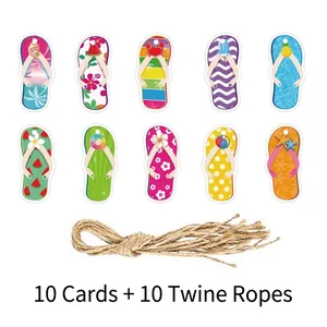 Set mit 10 bunten Hawaii-Flip-Flop-Papieranhängern und 10 natürlichen Juteseilen für Deko