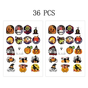 Vista detallada de 36 pegatinas de Halloween mostradas en dos hojas completas por set