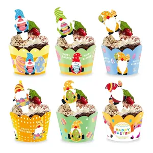Set of colorful Easter gnome cupcake wrappers and toppers for party cake decorations