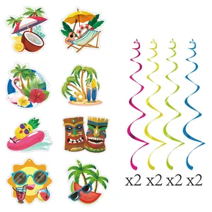 Hawaii Party Deko-Set mit tropischen Fruchtausschnitten und 8 bunten Spiralwirbeln für Events