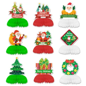 Set of nine festive Christmas honeycomb table centerpieces featuring Santa Claus and trees