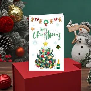 Carte de vœux de Noël mignonne avec illustration d'arbre sur une boîte cadeau rouge