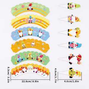 Detailed size specifications for festive Easter gnome cupcake wrappers and decorative toppers