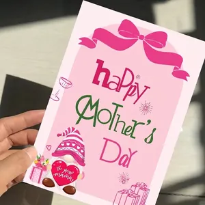 Carte de vœux rose pour la fête des mères avec un gnome mignon et texte en anglais