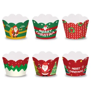 Detailed view showing six festive Christmas cupcake wrappers with Santa and tree designs