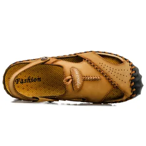High-quality men's breathable leather sandals for beach or casual wear in classic brown