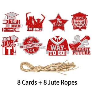 Set di 8 etichette pendenti per laurea glitterate rosse e argento con 8 spaghi di juta.