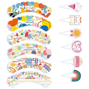 Detailed view of colorful birthday cupcake wrapper designs and matching toppers set