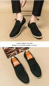 Close-up of black suede loafers showing texture and formal business style