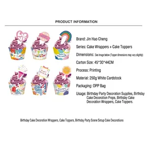 Product specification sheet for colorful cupcake wrappers and birthday toppers set