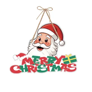 Letrero de puerta Feliz Navidad con diseño de Papá Noel y cuerda rústica de yute decorativa